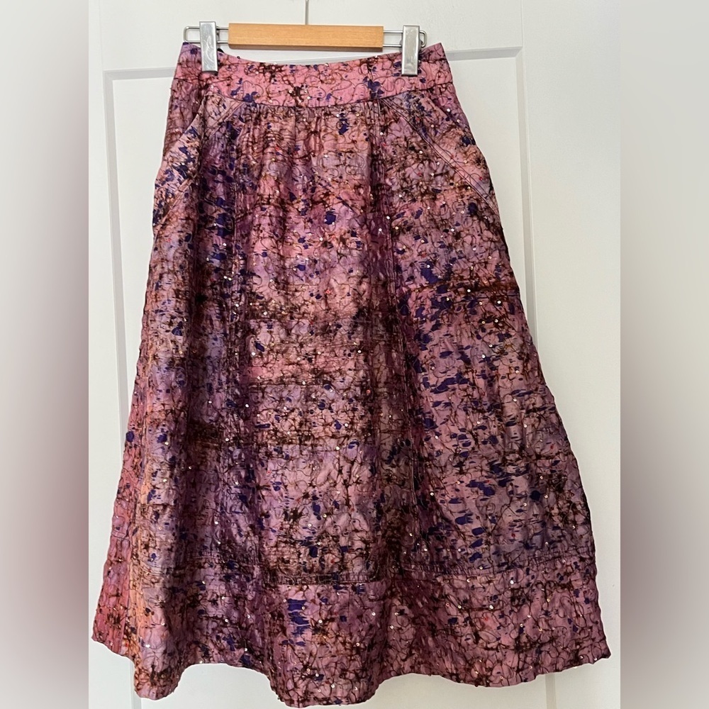 vintage 100% silk a-line pink purple tie dye sequin midi skirt S